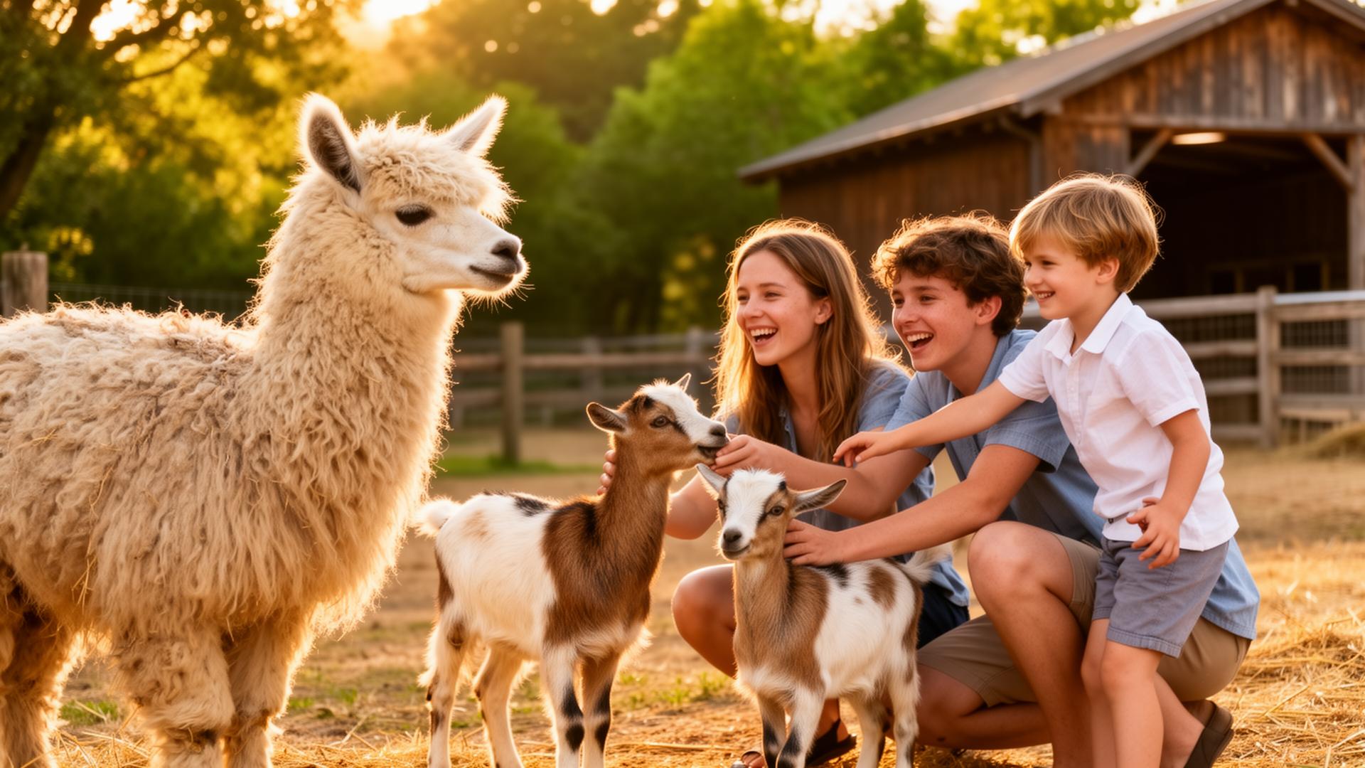 Family meeting friendly farm animals at Wild Woods Farm near Myrtle Beach